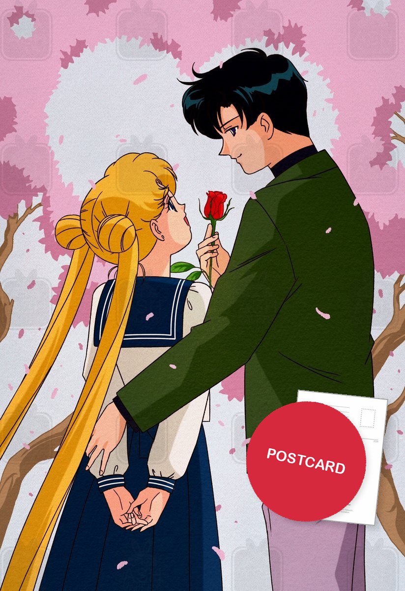 A Rose for Usagi — Mamoru giving Usagi a rose under blossoming trees, digital fan art postcard by Valery ASH, 2023