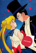 Almost a Kiss — Tuxedo Mask leaning close to Usagi in her school uniform among falling petals, digital fan art postcard by Valery ASH, 2025