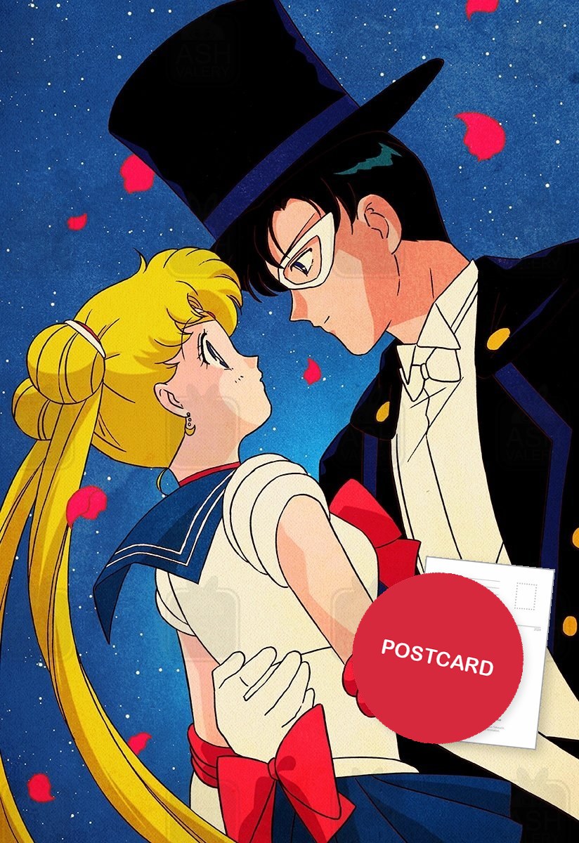 Almost a Kiss — Tuxedo Mask leaning close to Usagi in her school uniform among falling petals, digital fan art postcard by Valery ASH, 2025