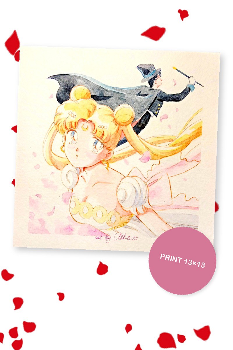 Usagi in a princess dress with Tuxedo Mask flying above her