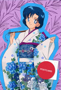 Ami in Kimono — Ami in a white kimono with blue peonies, digital fan art postcard by Valery ASH, 2024