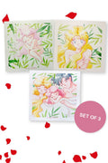 Three square linen prints among green leaves: baby Chibiusa, Usagi, and the whole family asleep