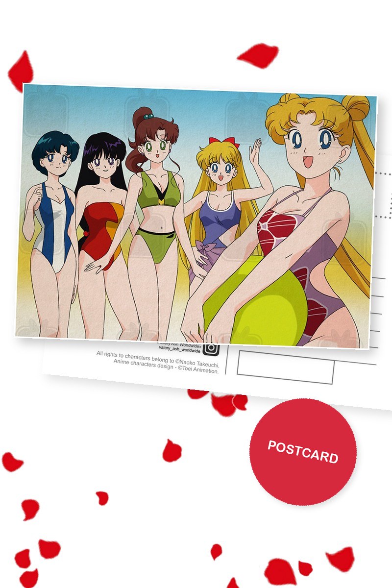 Beach Day — Usagi, Ami, Rei, Makoto and Minako in swimsuits on the beach, digital fan art postcard by Valery ASH, 2020