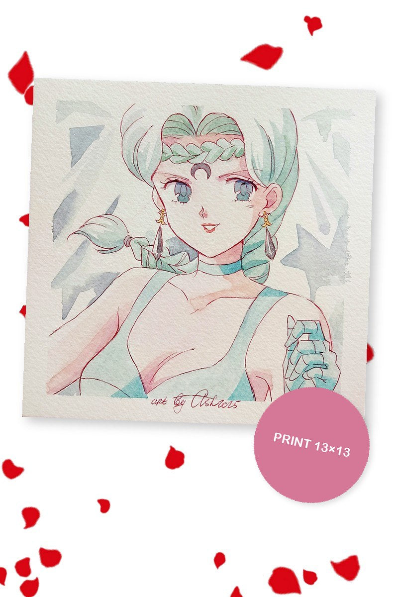 Berthierite of the Ayakashi Sisters with braided teal hair and a black crescent on her forehead