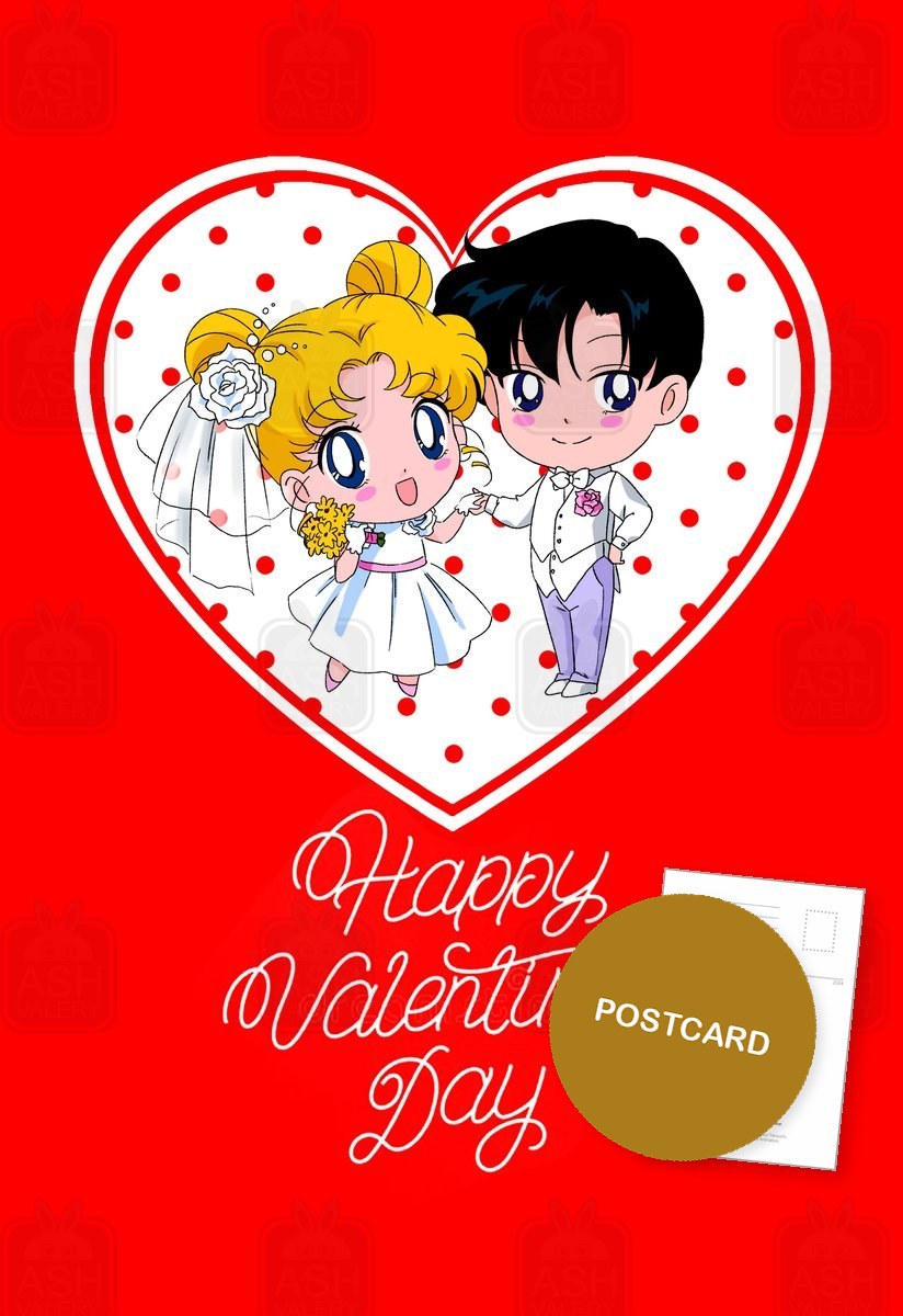 Chibi Valentine — chibi Usagi and Mamoru in wedding clothes inside a red heart, Happy Valentine's Day, digital fan art postcard by Valery ASH, 2026