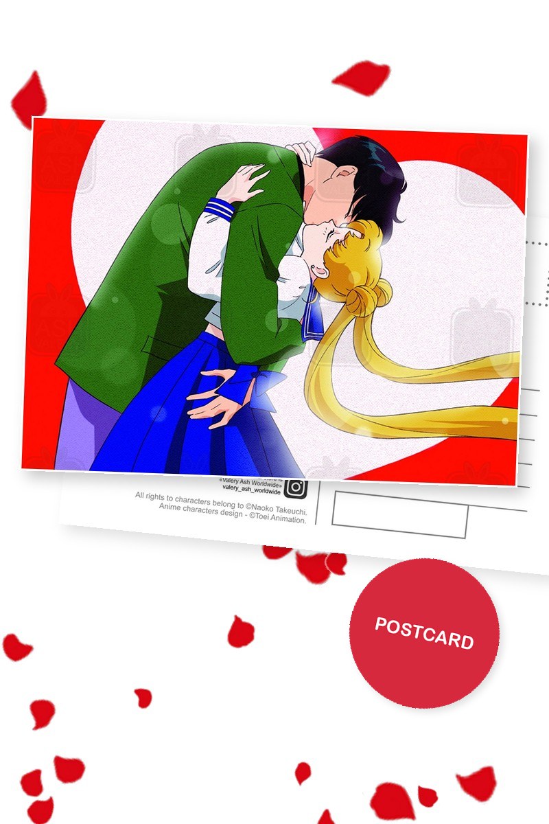 First Kiss — Mamoru kissing Usagi in front of a red heart, digital fan art postcard by Valery ASH, 2020