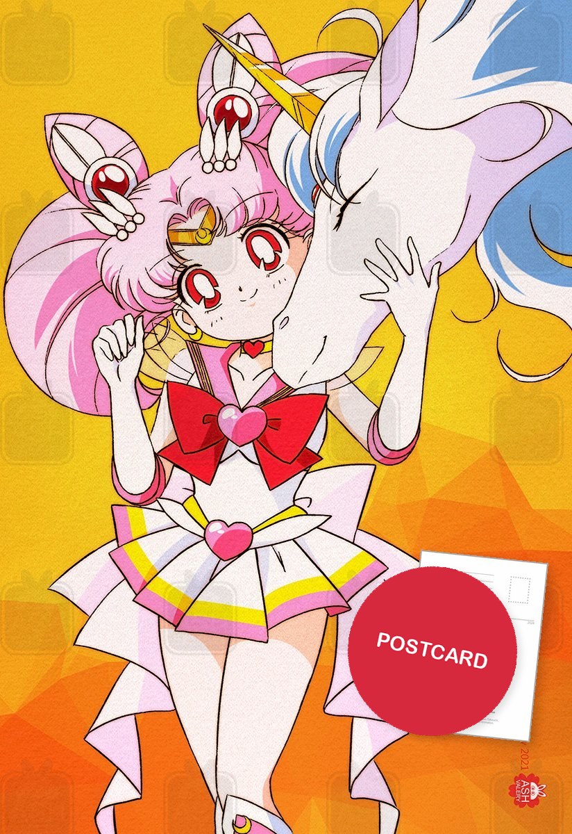 Golden Dream — Super Sailor Chibi Moon with Pegasus resting his head on her shoulder on a golden-orange background, digital fan art postcard by Valery ASH, 2021