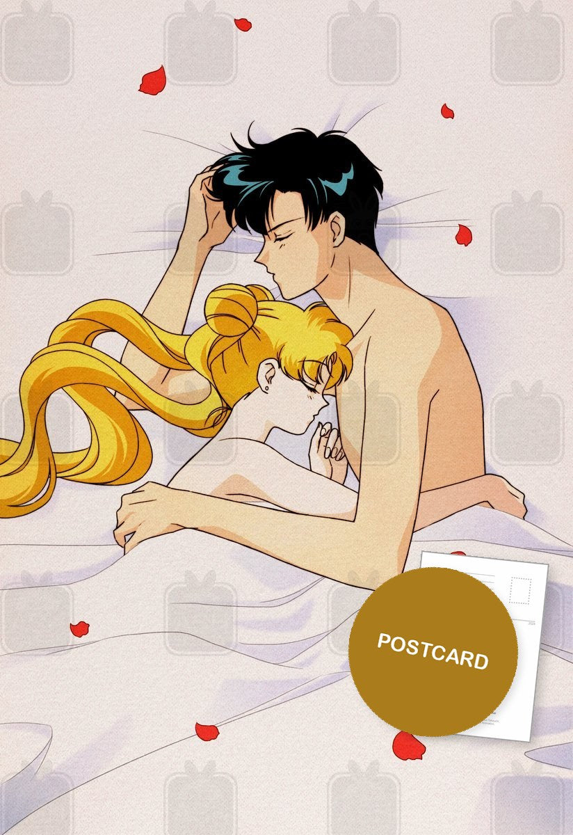 Good Morning — Mamoru tenderly holding sleeping Usagi among petals, digital fan art postcard by Valery ASH, 2021