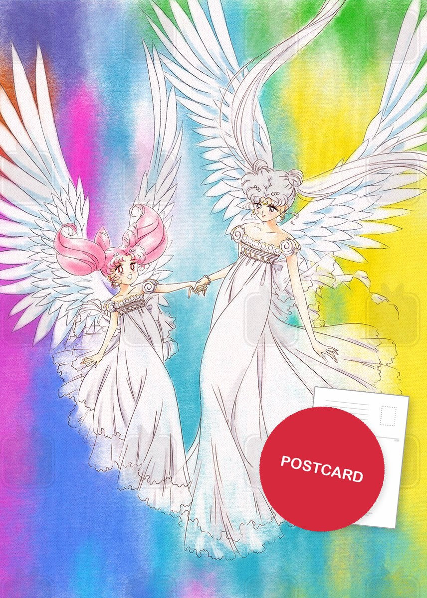Hand in Hand — winged Neo-Queen Serenity and Small Lady holding hands on a rainbow watercolour background, digital fan art postcard by Valery ASH, 2023