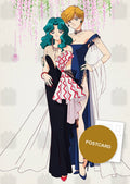 Haruka in a navy evening gown and Michiru in a black dress with a red and white bow, under hanging wisteria
