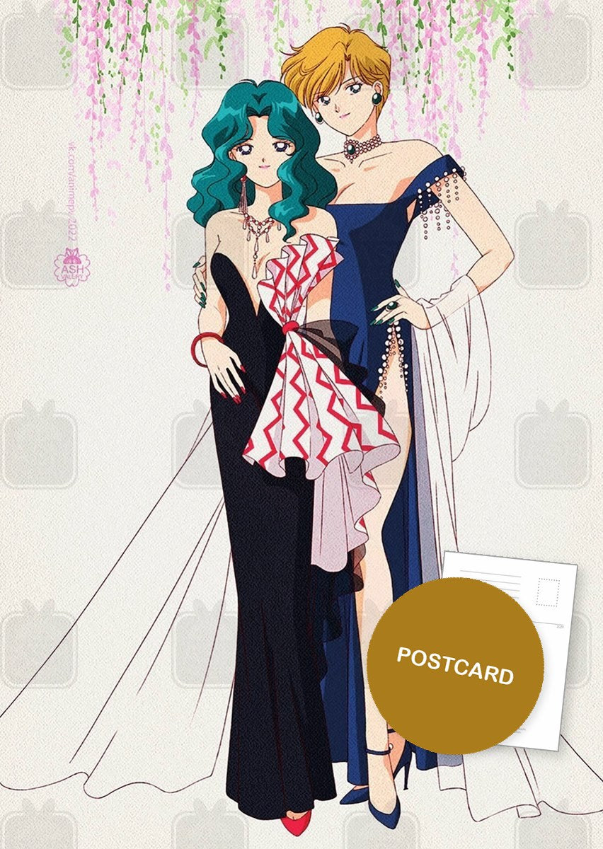 Haruka in a navy evening gown and Michiru in a black dress with a red and white bow, under hanging wisteria