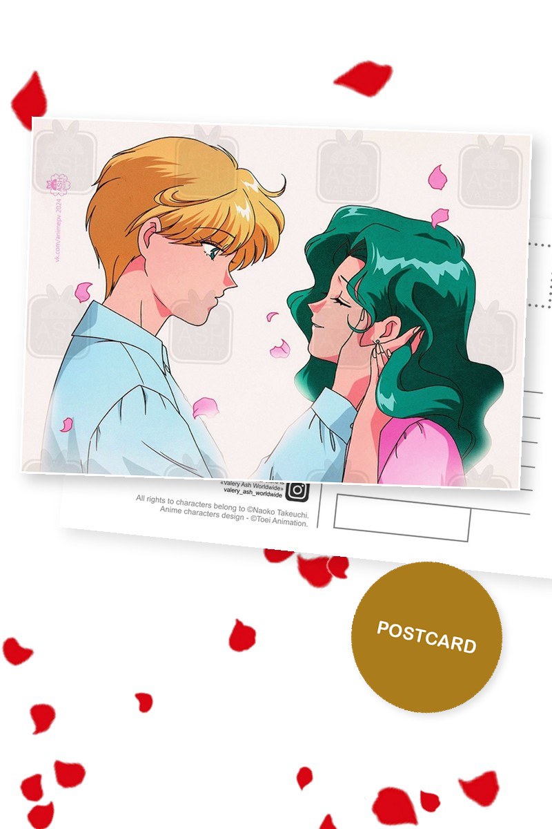 Haruka in a light blue shirt holding Michiru's face, pink petals falling, horizontal postcard