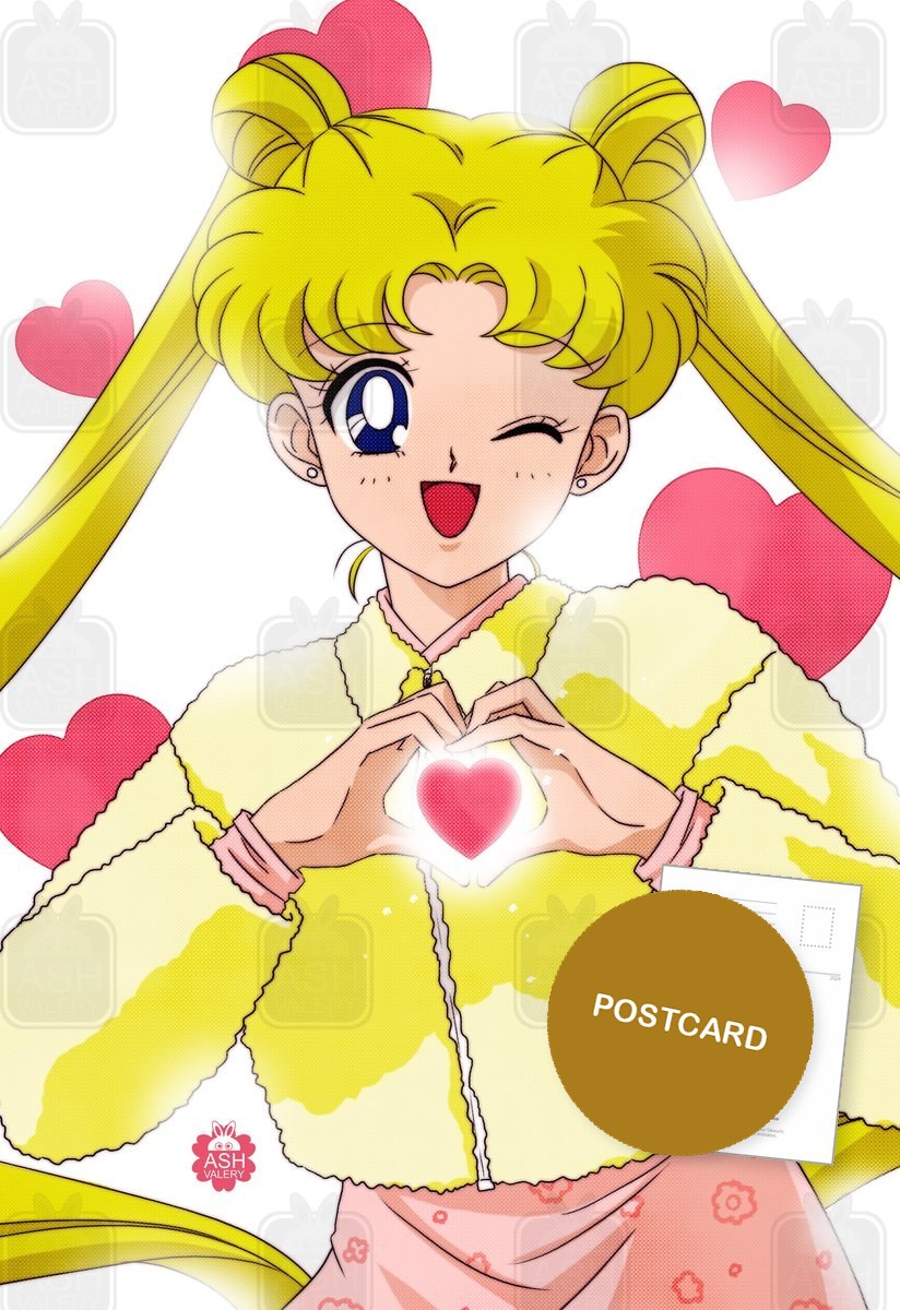 Heart for You (bright) — Usagi winking and making a heart with her hands, bright version, digital fan art postcard by Valery ASH, 2024