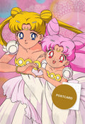 Princess Serenity and Small Lady making a heart with their hands on a pink lace background