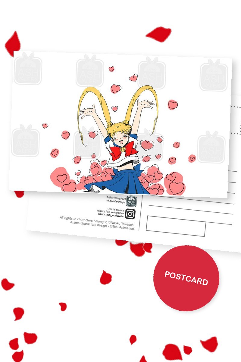 Sailor Moon jumping for joy in a cloud of pink hearts, digital fan art by Valery ASH