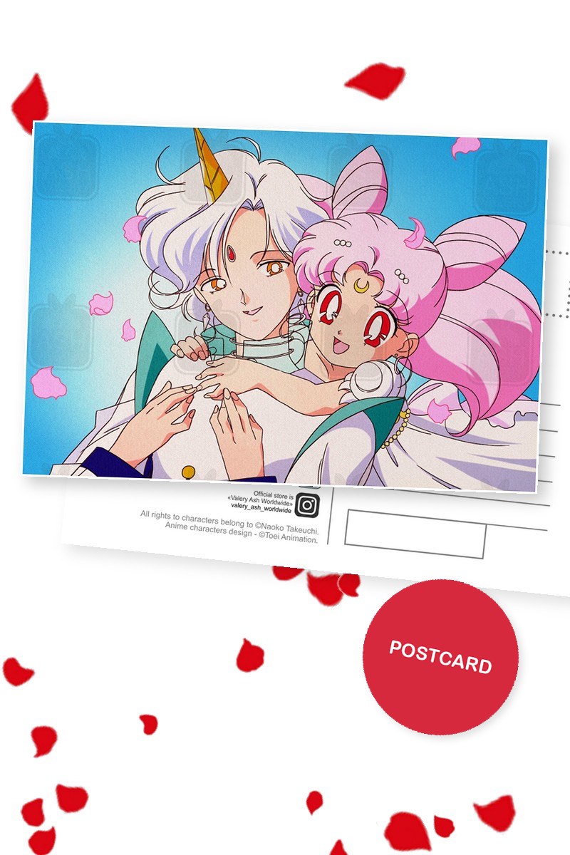 Helios's Embrace — Helios embracing Chibiusa from behind among soft petals, digital fan art postcard by Valery ASH, 2023