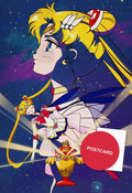 Crisis Make Up — Sailor Moon and Super Sailor Moon with the Holy Grail among the stars, digital fan art postcard by Valery ASH, 2025