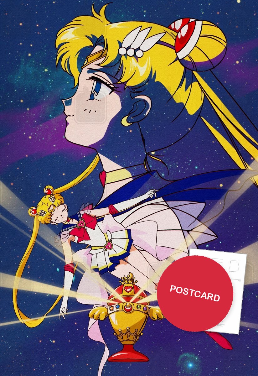 Crisis Make Up — Sailor Moon and Super Sailor Moon with the Holy Grail among the stars, digital fan art postcard by Valery ASH, 2025