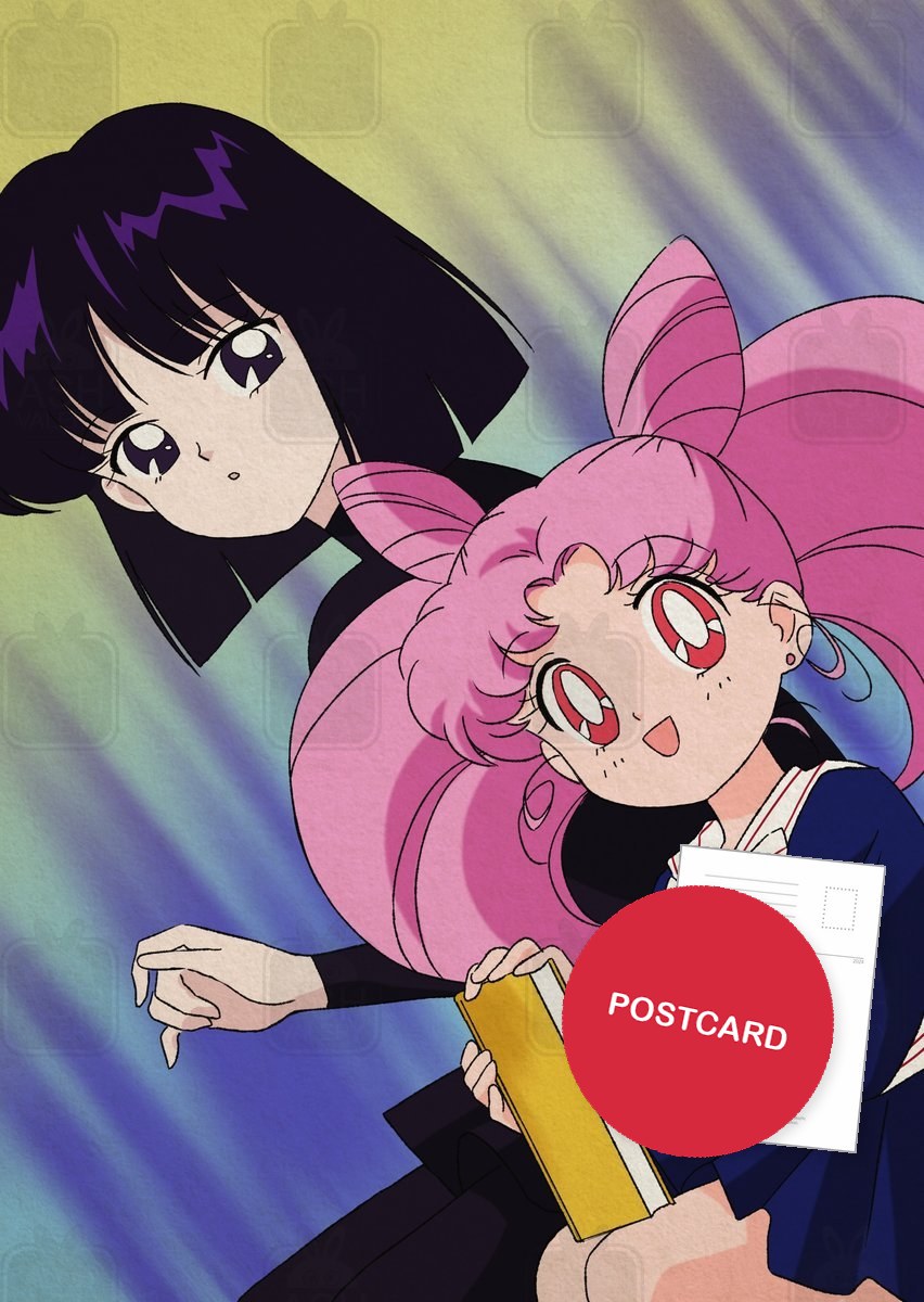 Hotaru and Chibiusa — Hotaru and Chibiusa reading a book together, digital fan art postcard by Valery ASH, 2025