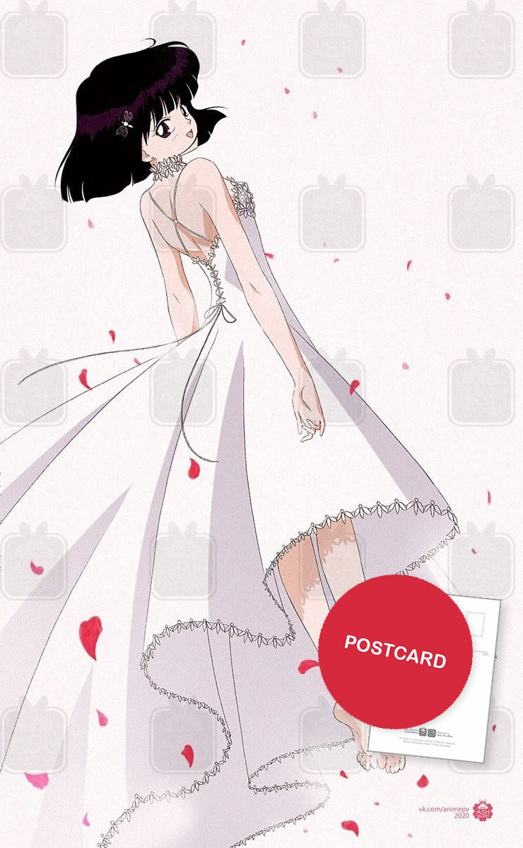 Hotaru Tomoe from behind in a flowing white dress among falling rose petals