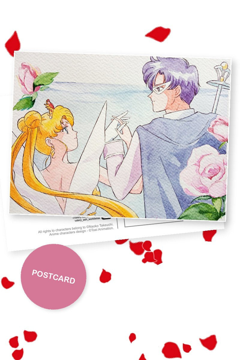 King and Queen — Neo-Queen Serenity and King Endymion holding hands by the sea, watercolour fan art postcard by Valery ASH, 2021