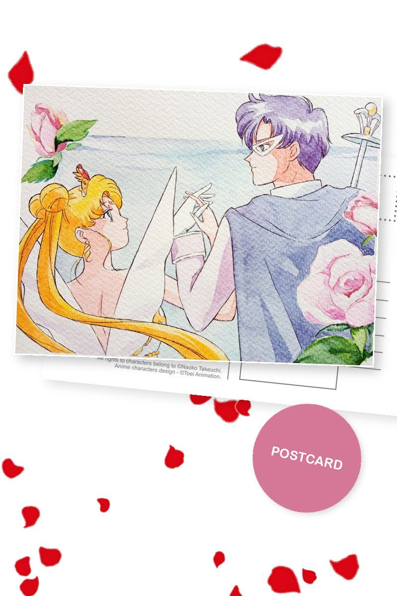 King and Queen — Neo-Queen Serenity and King Endymion holding hands by the sea, watercolour fan art postcard by Valery ASH, 2021