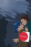 Kiss in the Rain — Ami kissing under a starry night sky in the rain, an umbrella blown aside, digital fan art postcard by Valery ASH, 2019