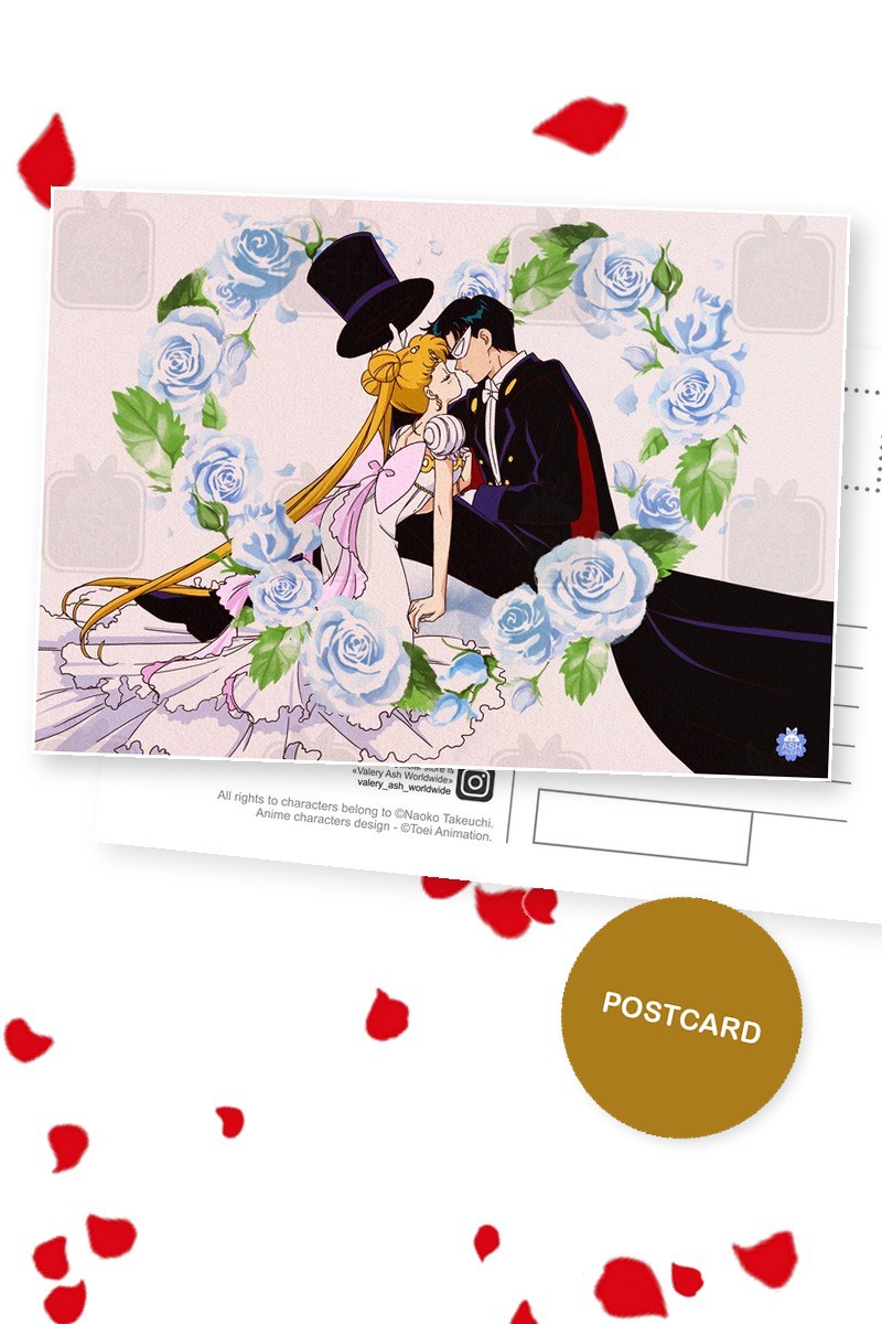 Kiss me — Usagi and Mamoru kissing inside a wreath of pale blue roses, digital fan art postcard by Valery ASH
