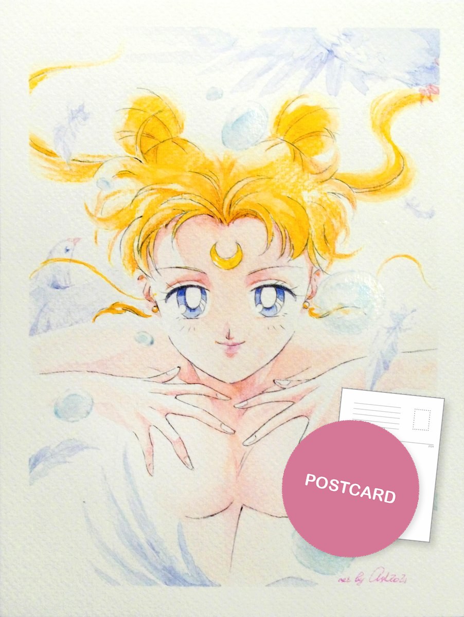 Light as a Feather — Usagi with feathers, bubbles and white birds, watercolour fan art postcard by Valery ASH, 2021