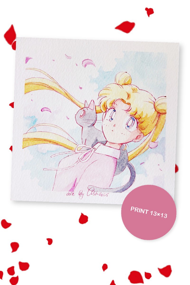 Usagi with Luna the cat on her shoulder and ribbons in the wind