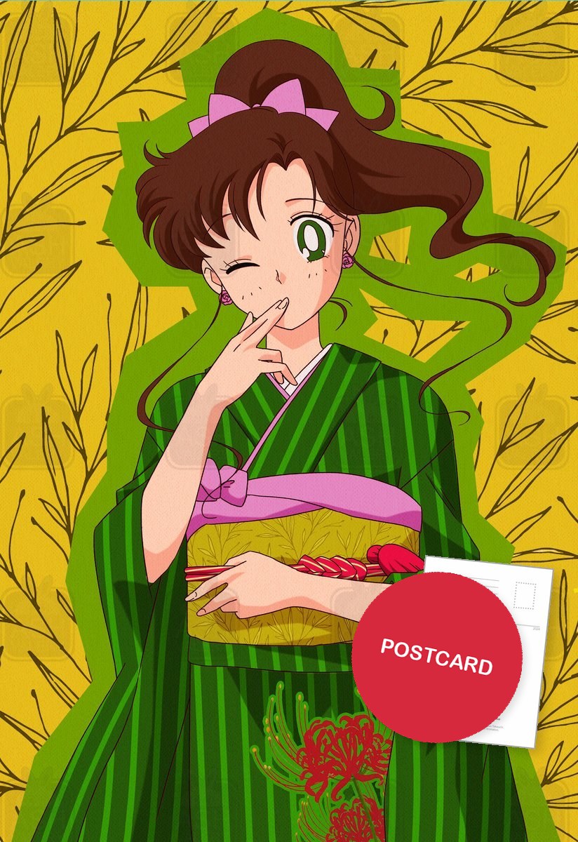 Makoto in Kimono — Makoto winking in a green striped kimono, digital fan art postcard by Valery ASH, 2024