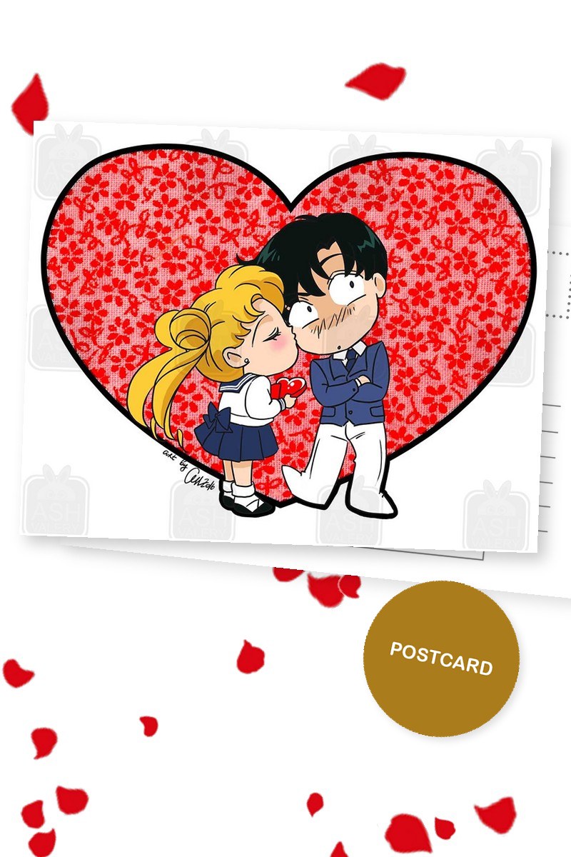 Chibi Usagi kissing Mamoru in a red flowered heart