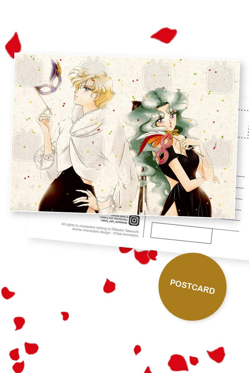 Masked Ball — Haruka and Michiru at a masked ball holding carnival masks, digital fan art postcard by Valery ASH, 2019