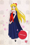 Minako Aino in a long navy gown with a red ribbon, cherry blossom petals, digital fan art by Valery ASH