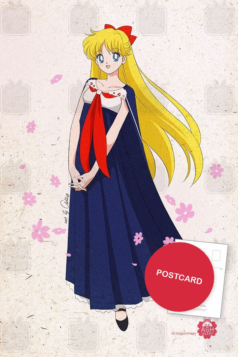 Minako Aino in a long navy gown with a red ribbon, cherry blossom petals, digital fan art by Valery ASH