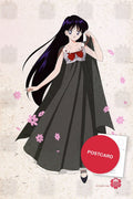 Rei Hino in a long grey-black gown with a red bow, cherry blossom petals, digital fan art by Valery ASH