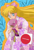 Minako in Kimono — Minako in a lilac floral kimono with a paper fan, digital fan art postcard by Valery ASH, 2024