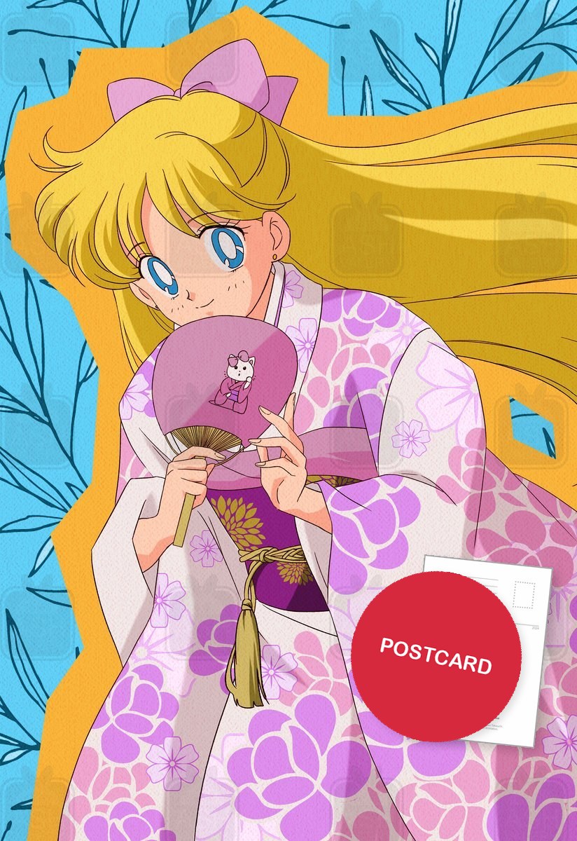 Minako in Kimono — Minako in a lilac floral kimono with a paper fan, digital fan art postcard by Valery ASH, 2024