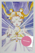 Moon Healing — Princess Serenity with closed eyes raising the Moon Stick in rays of light, watercolour fan art postcard by Valery ASH, 2021