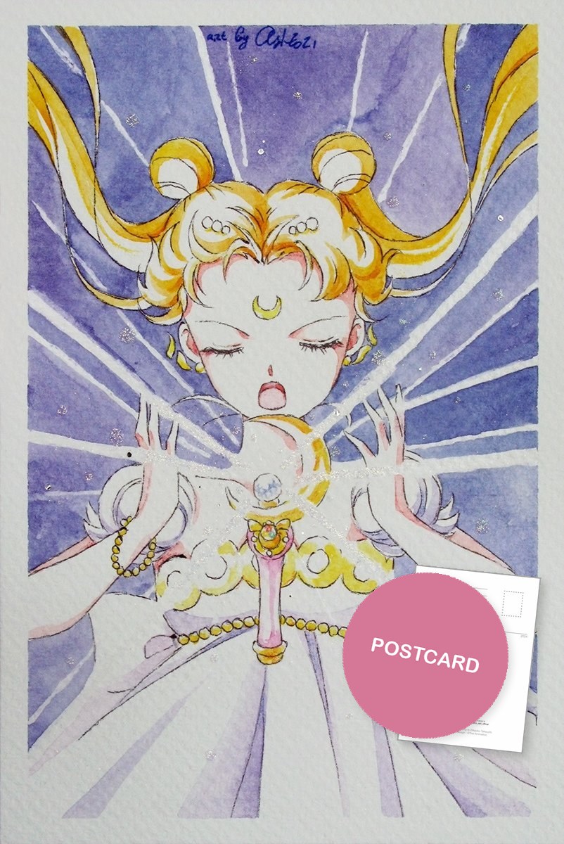 Moon Healing — Princess Serenity with closed eyes raising the Moon Stick in rays of light, watercolour fan art postcard by Valery ASH, 2021