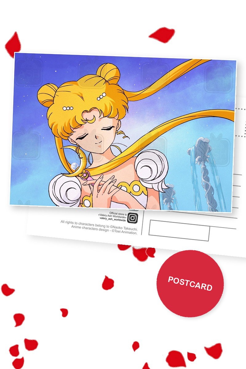Moon Princess Dreams — Princess Serenity with closed eyes and flowing hair against the sky, digital fan art postcard by Valery ASH, 2023