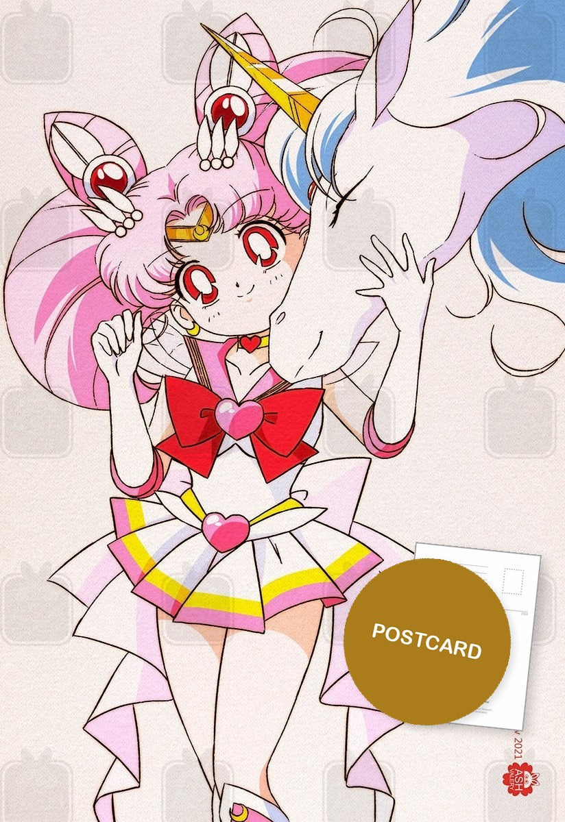 Pegasus Dream — Super Sailor Chibi Moon with Pegasus resting his head on her shoulder, digital fan art postcard by Valery ASH, 2021