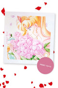 Usagi with a tiara holding a bouquet of pink peonies