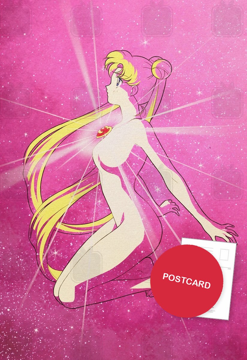 Pink Transformation — Usagi in a glowing transformation on a pink starry background, digital fan art postcard by Valery ASH, 2026