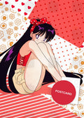 Polka Dot Rei — Rei Hino in a red polka dot bandana hugging her knees among hearts, dots and flower patterns, digital fan art postcard by Valery ASH, 2025