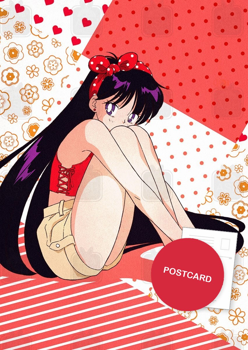 Polka Dot Rei — Rei Hino in a red polka dot bandana hugging her knees among hearts, dots and flower patterns, digital fan art postcard by Valery ASH, 2025
