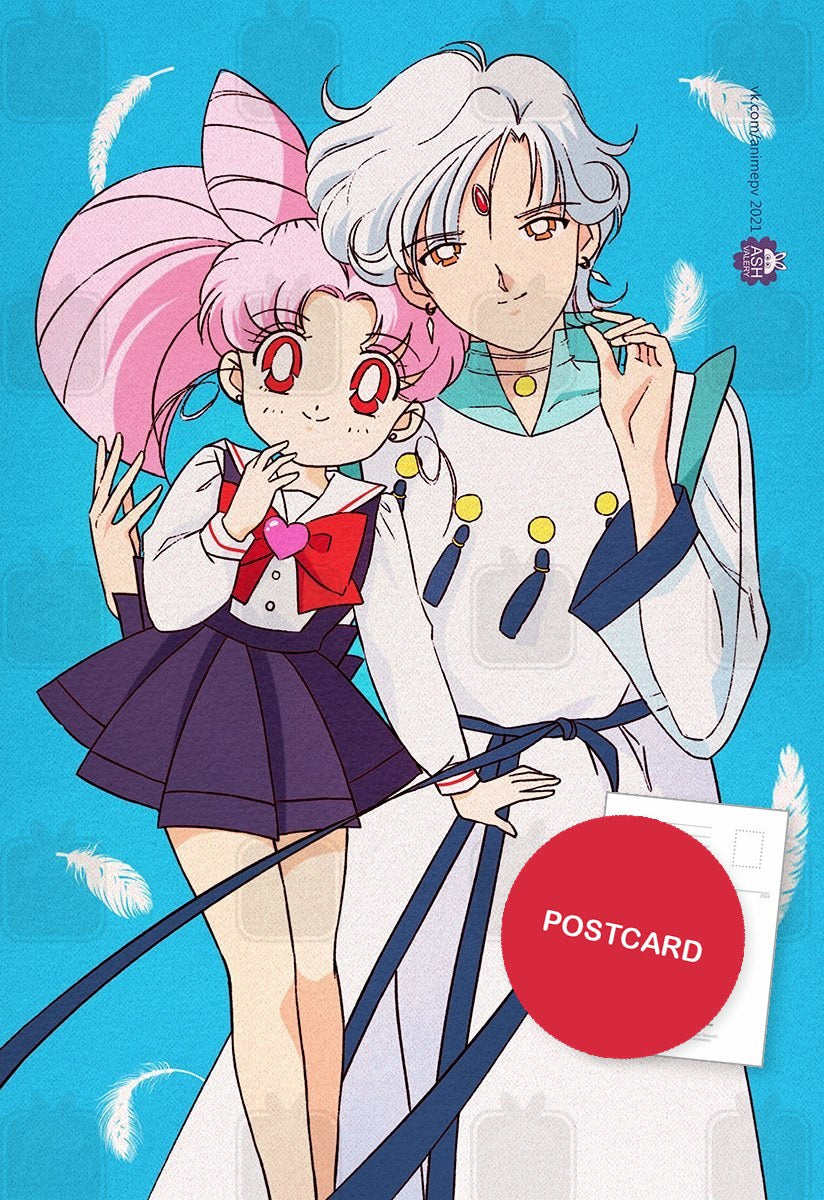Priest of Elysion — Chibiusa and Helios in his human form among white feathers on a sky-blue background, digital fan art postcard by Valery ASH, 2021