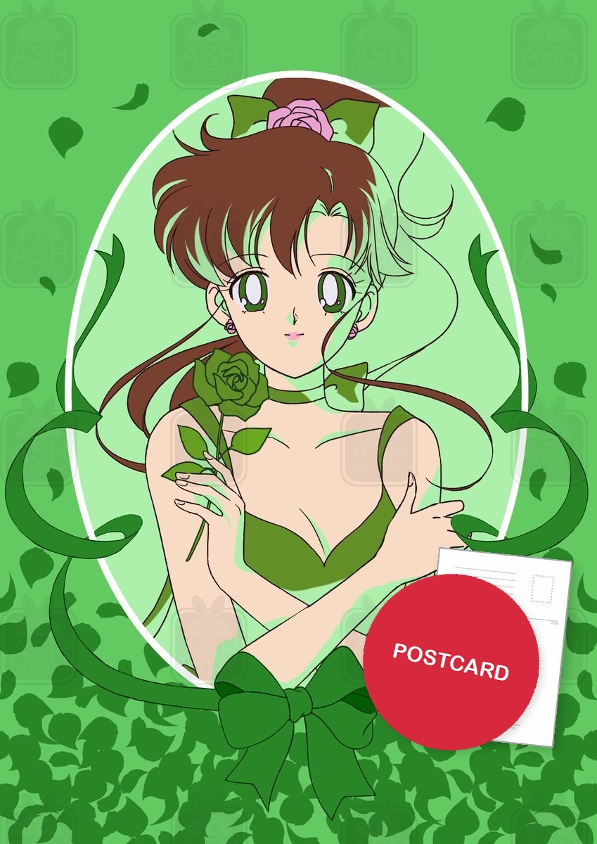 Princess Jupiter — portrait of Princess Jupiter in an oval frame with a rose, ribbons and green petals, digital fan art postcard by Valery ASH, 2023
