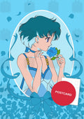 Princess Mercury — portrait of Princess Mercury in an oval frame with a rose, ribbons and blue petals, digital fan art postcard by Valery ASH, 2023
