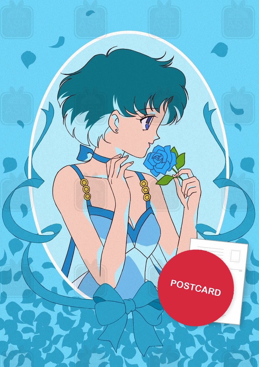 Princess Mercury — portrait of Princess Mercury in an oval frame with a rose, ribbons and blue petals, digital fan art postcard by Valery ASH, 2023